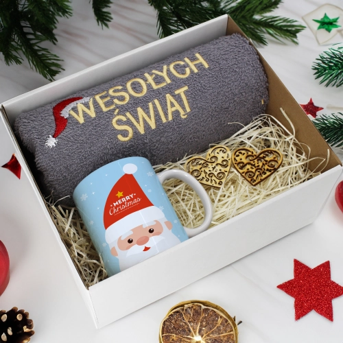 PREZENT NA ŚWIĘTA KUBEK + RĘCZNIK Z HAFTEM ŚWIĄTECZNY ZESTAW MIKOŁAJ