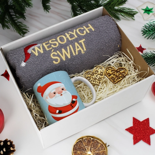 PREZENT NA ŚWIĘTA KUBEK + RĘCZNIK Z HAFTEM ŚWIĄTECZNY ZESTAW MIKOŁAJ