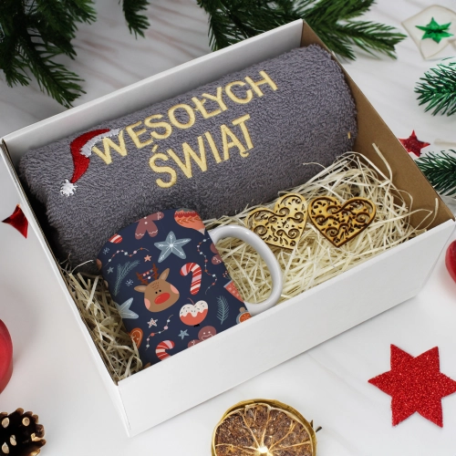 PREZENT NA ŚWIĘTA KUBEK + RĘCZNIK Z HAFTEM ŚWIĄTECZNY ZESTAW MIKOŁAJ