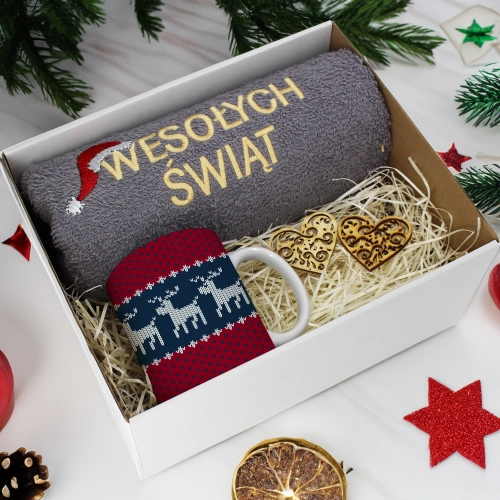 PREZENT NA ŚWIĘTA KUBEK + RĘCZNIK Z HAFTEM ŚWIĄTECZNY ZESTAW MIKOŁAJ