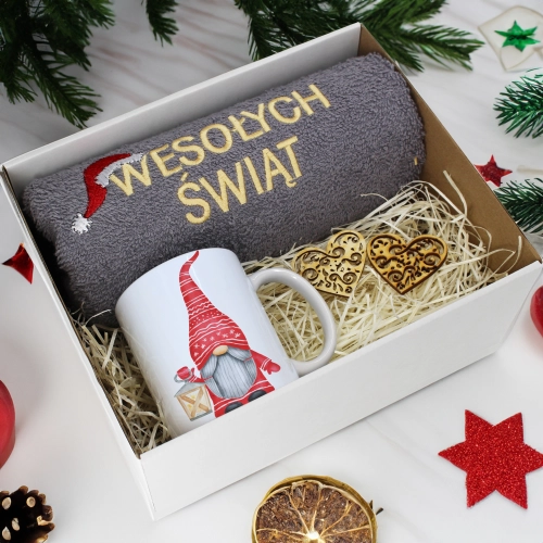 PREZENT NA ŚWIĘTA KUBEK + RĘCZNIK Z HAFTEM ŚWIĄTECZNY ZESTAW MIKOŁAJ