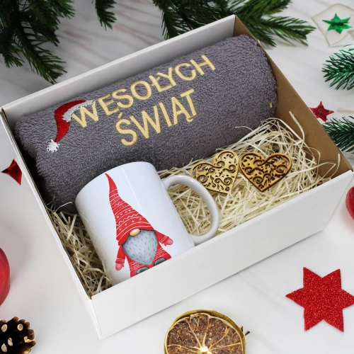 PREZENT NA ŚWIĘTA KUBEK + RĘCZNIK Z HAFTEM ŚWIĄTECZNY ZESTAW MIKOŁAJ