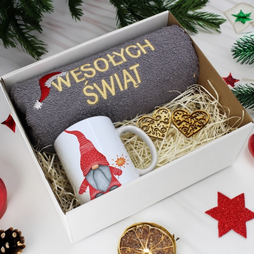 PREZENT NA ŚWIĘTA KUBEK + RĘCZNIK Z HAFTEM ŚWIĄTECZNY ZESTAW MIKOŁAJ