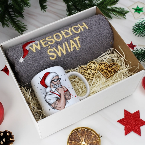 PREZENT NA ŚWIĘTA KUBEK + RĘCZNIK Z HAFTEM ŚWIĄTECZNY ZESTAW MIKOŁAJ