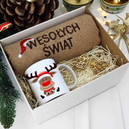 PREZENT NA ŚWIĘTA KUBEK + RĘCZNIK Z HAFTEM ŚWIĄTECZNY ZESTAW MIKOŁAJ