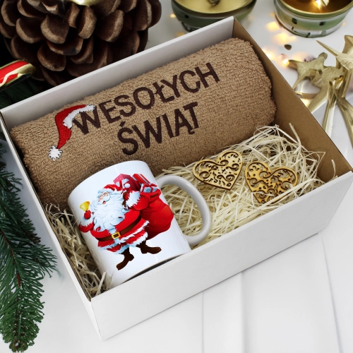PREZENT NA ŚWIĘTA KUBEK + RĘCZNIK Z HAFTEM ŚWIĄTECZNY ZESTAW MIKOŁAJ