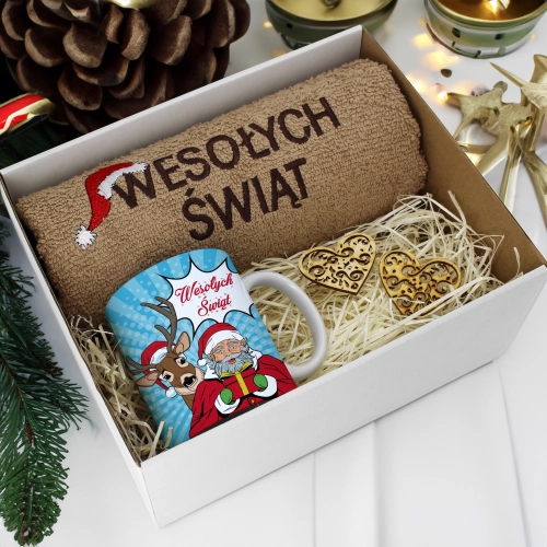 PREZENT NA ŚWIĘTA KUBEK + RĘCZNIK Z HAFTEM ŚWIĄTECZNY ZESTAW MIKOŁAJ