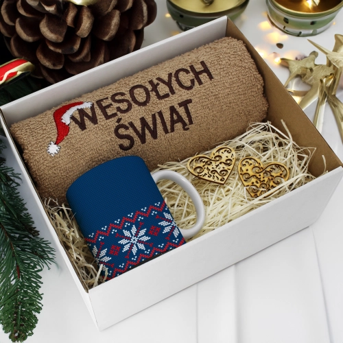 PREZENT NA ŚWIĘTA KUBEK + RĘCZNIK Z HAFTEM ŚWIĄTECZNY ZESTAW MIKOŁAJ