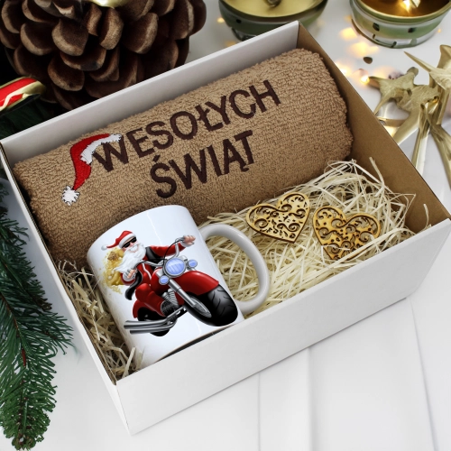 PREZENT NA ŚWIĘTA KUBEK + RĘCZNIK Z HAFTEM ŚWIĄTECZNY ZESTAW MIKOŁAJ