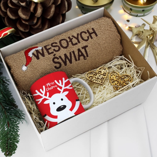 PREZENT NA ŚWIĘTA KUBEK + RĘCZNIK Z HAFTEM ŚWIĄTECZNY ZESTAW MIKOŁAJ