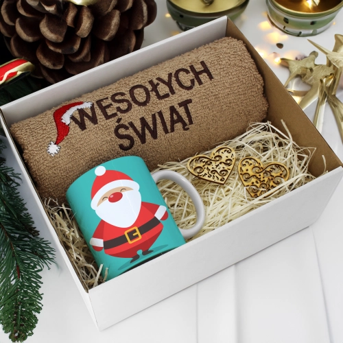 PREZENT NA ŚWIĘTA KUBEK + RĘCZNIK Z HAFTEM ŚWIĄTECZNY ZESTAW MIKOŁAJ