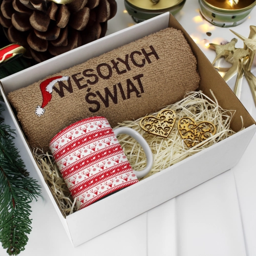 PREZENT NA ŚWIĘTA KUBEK + RĘCZNIK Z HAFTEM ŚWIĄTECZNY ZESTAW MIKOŁAJ