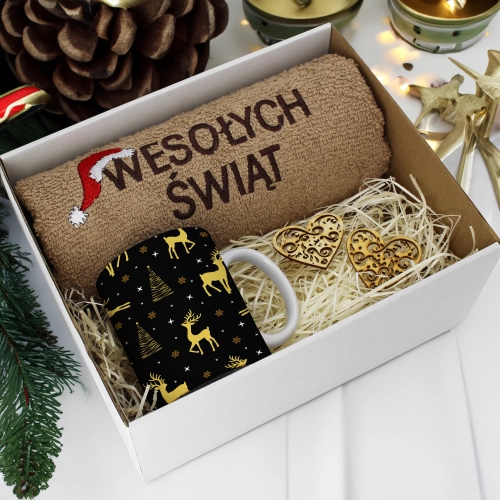 PREZENT NA ŚWIĘTA KUBEK + RĘCZNIK Z HAFTEM ŚWIĄTECZNY ZESTAW MIKOŁAJ