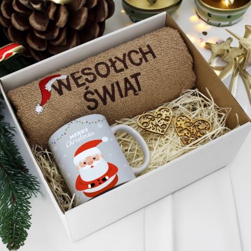 PREZENT NA ŚWIĘTA KUBEK + RĘCZNIK Z HAFTEM ŚWIĄTECZNY ZESTAW MIKOŁAJ