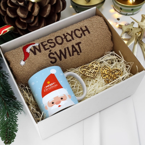 PREZENT NA ŚWIĘTA KUBEK + RĘCZNIK Z HAFTEM ŚWIĄTECZNY ZESTAW MIKOŁAJ
