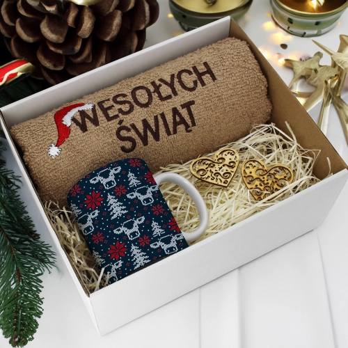 PREZENT NA ŚWIĘTA KUBEK + RĘCZNIK Z HAFTEM ŚWIĄTECZNY ZESTAW MIKOŁAJ