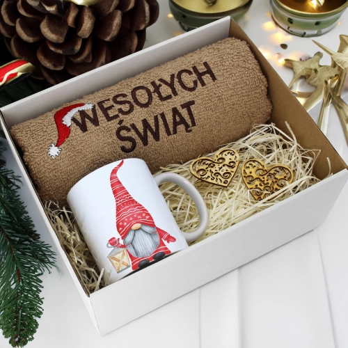 PREZENT NA ŚWIĘTA KUBEK + RĘCZNIK Z HAFTEM ŚWIĄTECZNY ZESTAW MIKOŁAJ