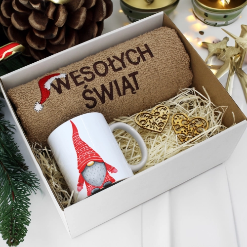 PREZENT NA ŚWIĘTA KUBEK + RĘCZNIK Z HAFTEM ŚWIĄTECZNY ZESTAW MIKOŁAJ