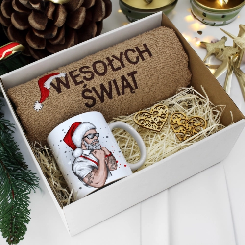 PREZENT NA ŚWIĘTA KUBEK + RĘCZNIK Z HAFTEM ŚWIĄTECZNY ZESTAW MIKOŁAJ
