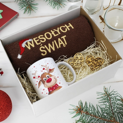 PREZENT NA ŚWIĘTA KUBEK + RĘCZNIK Z HAFTEM ŚWIĄTECZNY ZESTAW MIKOŁAJ