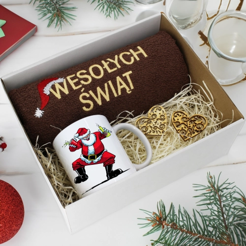 PREZENT NA ŚWIĘTA KUBEK + RĘCZNIK Z HAFTEM ŚWIĄTECZNY ZESTAW MIKOŁAJ