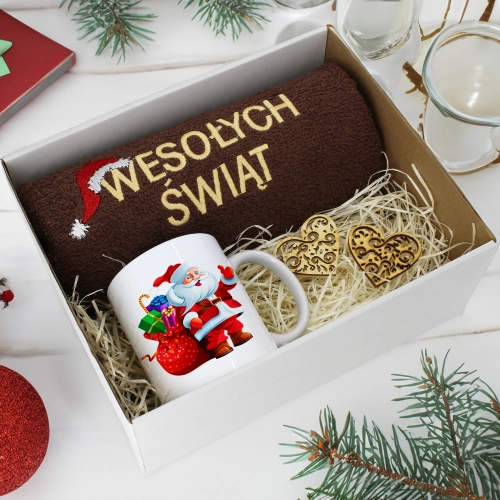PREZENT NA ŚWIĘTA KUBEK + RĘCZNIK Z HAFTEM ŚWIĄTECZNY ZESTAW MIKOŁAJ