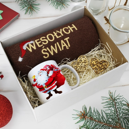 PREZENT NA ŚWIĘTA KUBEK + RĘCZNIK Z HAFTEM ŚWIĄTECZNY ZESTAW MIKOŁAJ