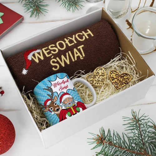 PREZENT NA ŚWIĘTA KUBEK + RĘCZNIK Z HAFTEM ŚWIĄTECZNY ZESTAW MIKOŁAJ