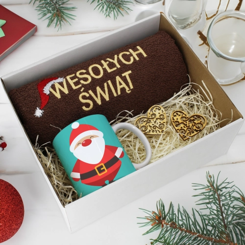 PREZENT NA ŚWIĘTA KUBEK + RĘCZNIK Z HAFTEM ŚWIĄTECZNY ZESTAW MIKOŁAJ