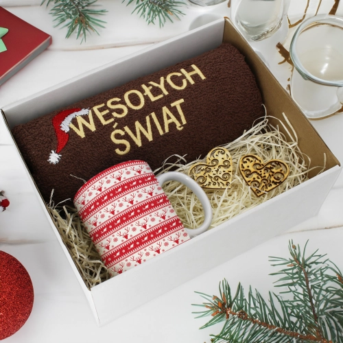 PREZENT NA ŚWIĘTA KUBEK + RĘCZNIK Z HAFTEM ŚWIĄTECZNY ZESTAW MIKOŁAJ
