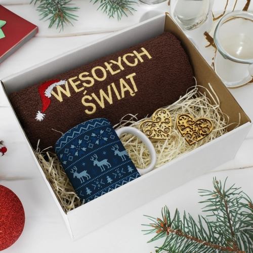 PREZENT NA ŚWIĘTA KUBEK + RĘCZNIK Z HAFTEM ŚWIĄTECZNY ZESTAW MIKOŁAJ