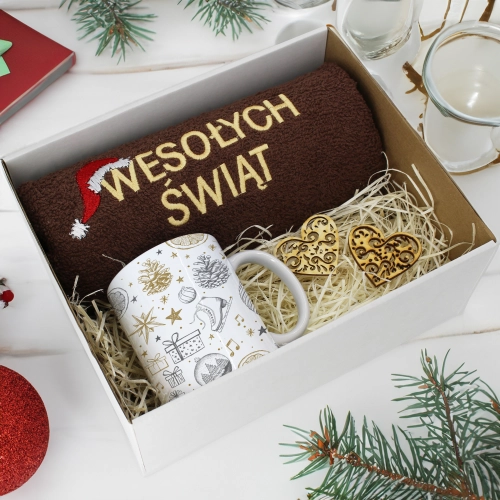 PREZENT NA ŚWIĘTA KUBEK + RĘCZNIK Z HAFTEM ŚWIĄTECZNY ZESTAW MIKOŁAJ