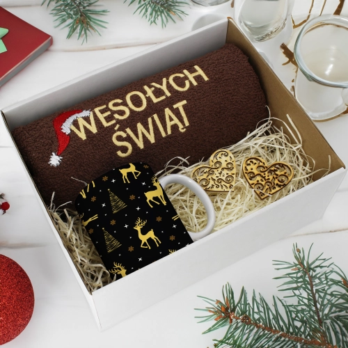 PREZENT NA ŚWIĘTA KUBEK + RĘCZNIK Z HAFTEM ŚWIĄTECZNY ZESTAW MIKOŁAJ