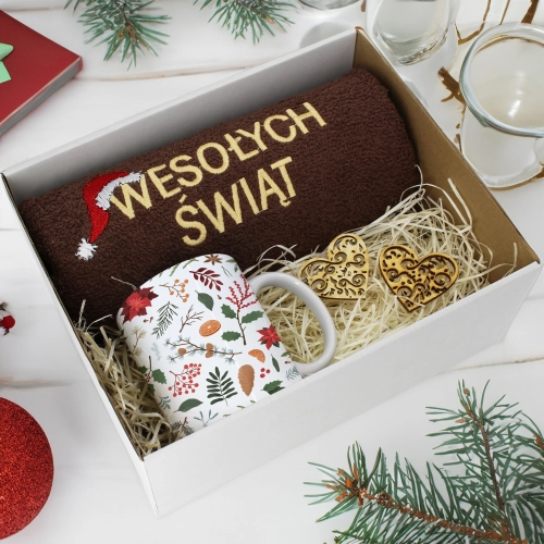 PREZENT NA ŚWIĘTA KUBEK + RĘCZNIK Z HAFTEM ŚWIĄTECZNY ZESTAW MIKOŁAJ