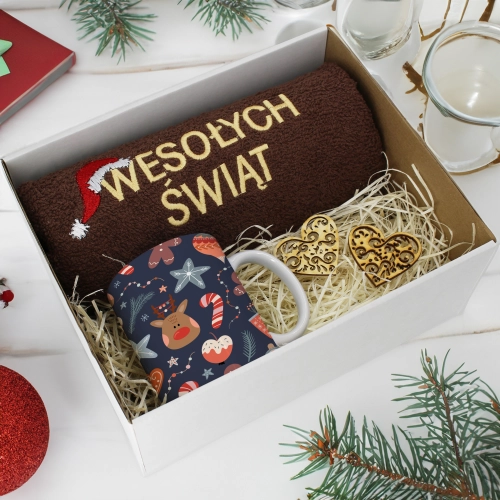 PREZENT NA ŚWIĘTA KUBEK + RĘCZNIK Z HAFTEM ŚWIĄTECZNY ZESTAW MIKOŁAJ