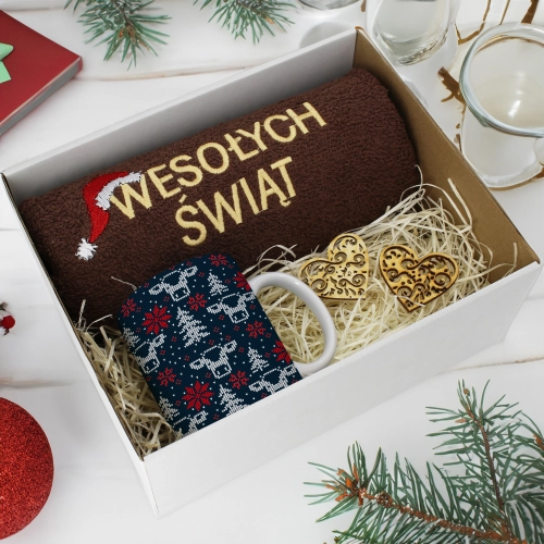 PREZENT NA ŚWIĘTA KUBEK + RĘCZNIK Z HAFTEM ŚWIĄTECZNY ZESTAW MIKOŁAJ