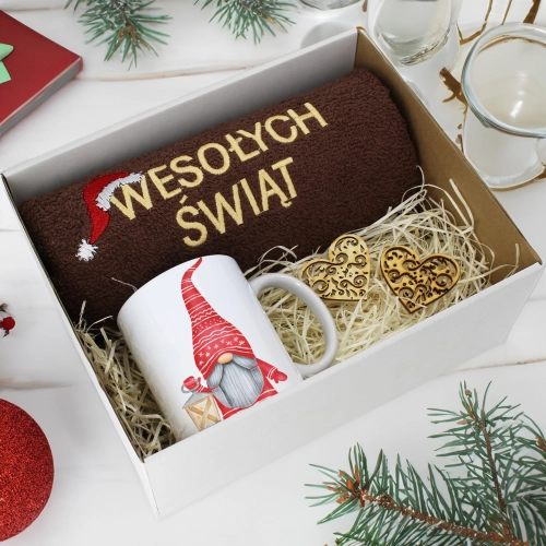 PREZENT NA ŚWIĘTA KUBEK + RĘCZNIK Z HAFTEM ŚWIĄTECZNY ZESTAW MIKOŁAJ