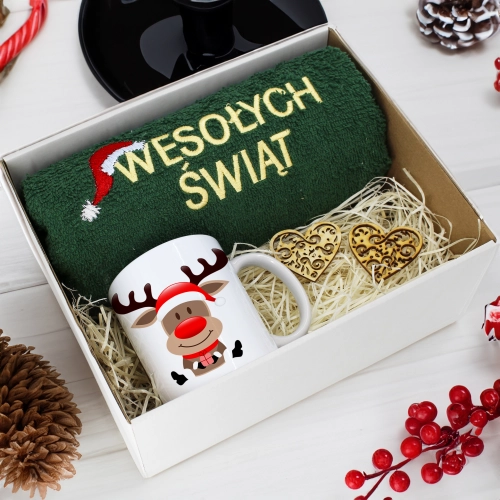 PREZENT NA ŚWIĘTA KUBEK + RĘCZNIK Z HAFTEM ŚWIĄTECZNY ZESTAW MIKOŁAJ