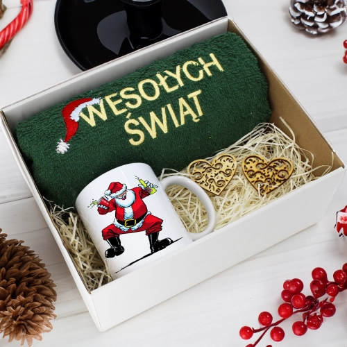 PREZENT NA ŚWIĘTA KUBEK + RĘCZNIK Z HAFTEM ŚWIĄTECZNY ZESTAW MIKOŁAJ