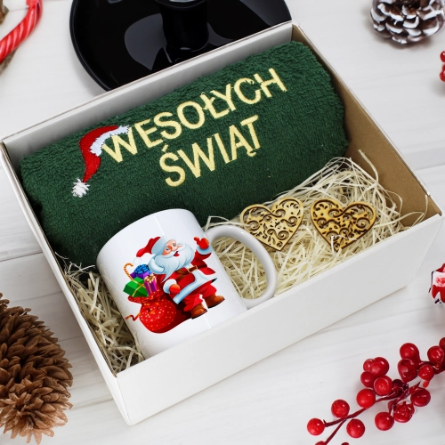 PREZENT NA ŚWIĘTA KUBEK + RĘCZNIK Z HAFTEM ŚWIĄTECZNY ZESTAW MIKOŁAJ