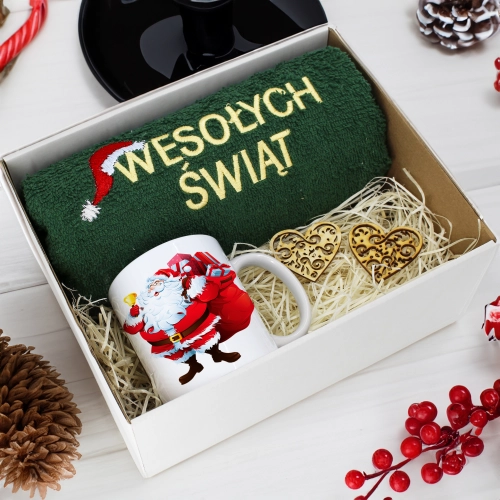 PREZENT NA ŚWIĘTA KUBEK + RĘCZNIK Z HAFTEM ŚWIĄTECZNY ZESTAW MIKOŁAJ