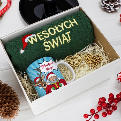 PREZENT NA ŚWIĘTA KUBEK + RĘCZNIK Z HAFTEM ŚWIĄTECZNY ZESTAW MIKOŁAJ