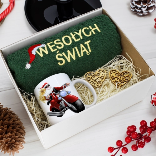 PREZENT NA ŚWIĘTA KUBEK + RĘCZNIK Z HAFTEM ŚWIĄTECZNY ZESTAW MIKOŁAJ