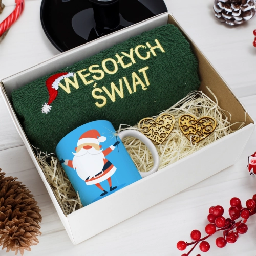 PREZENT NA ŚWIĘTA KUBEK + RĘCZNIK Z HAFTEM ŚWIĄTECZNY ZESTAW MIKOŁAJ