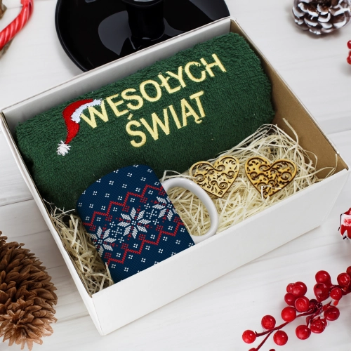 PREZENT NA ŚWIĘTA KUBEK + RĘCZNIK Z HAFTEM ŚWIĄTECZNY ZESTAW MIKOŁAJ