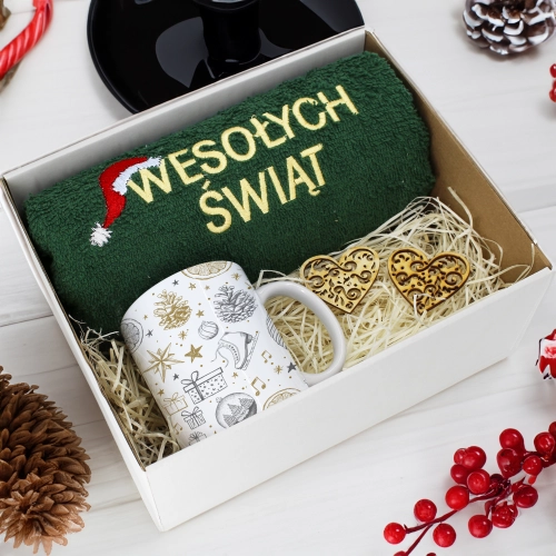 PREZENT NA ŚWIĘTA KUBEK + RĘCZNIK Z HAFTEM ŚWIĄTECZNY ZESTAW MIKOŁAJ