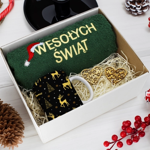 PREZENT NA ŚWIĘTA KUBEK + RĘCZNIK Z HAFTEM ŚWIĄTECZNY ZESTAW MIKOŁAJ