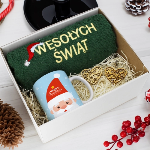 PREZENT NA ŚWIĘTA KUBEK + RĘCZNIK Z HAFTEM ŚWIĄTECZNY ZESTAW MIKOŁAJ