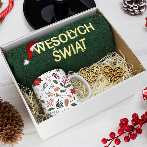 PREZENT NA ŚWIĘTA KUBEK + RĘCZNIK Z HAFTEM ŚWIĄTECZNY ZESTAW MIKOŁAJ