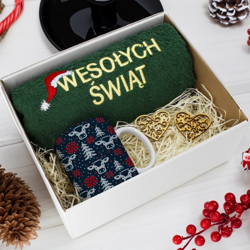 PREZENT NA ŚWIĘTA KUBEK + RĘCZNIK Z HAFTEM ŚWIĄTECZNY ZESTAW MIKOŁAJ